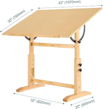 VISWIN Wood Drafting Table for Adults, 30 X 42 Extra-Large Drawing Table with Adjustable Height & Angle for Art Studio, Solid Pine Wood Artist Desk for Drawing, Drafting, Writing, Reading