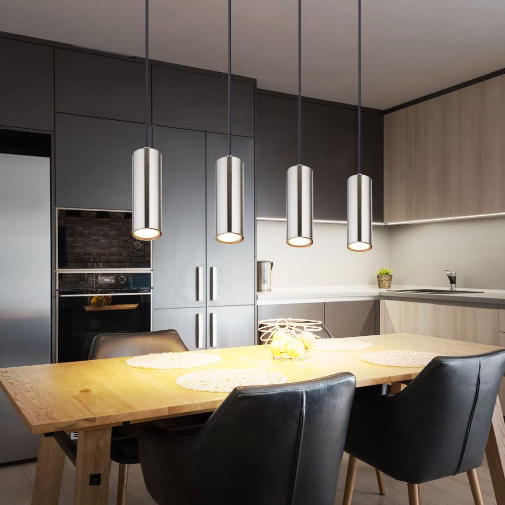 Hängeleuchte silber Pendelleuchte Esszimmerlampe 4-flammig Deckenleuchte hängend chrom, Metall nickel, 4x GU10 Fassungen, LxBxH 65x6x120 cm