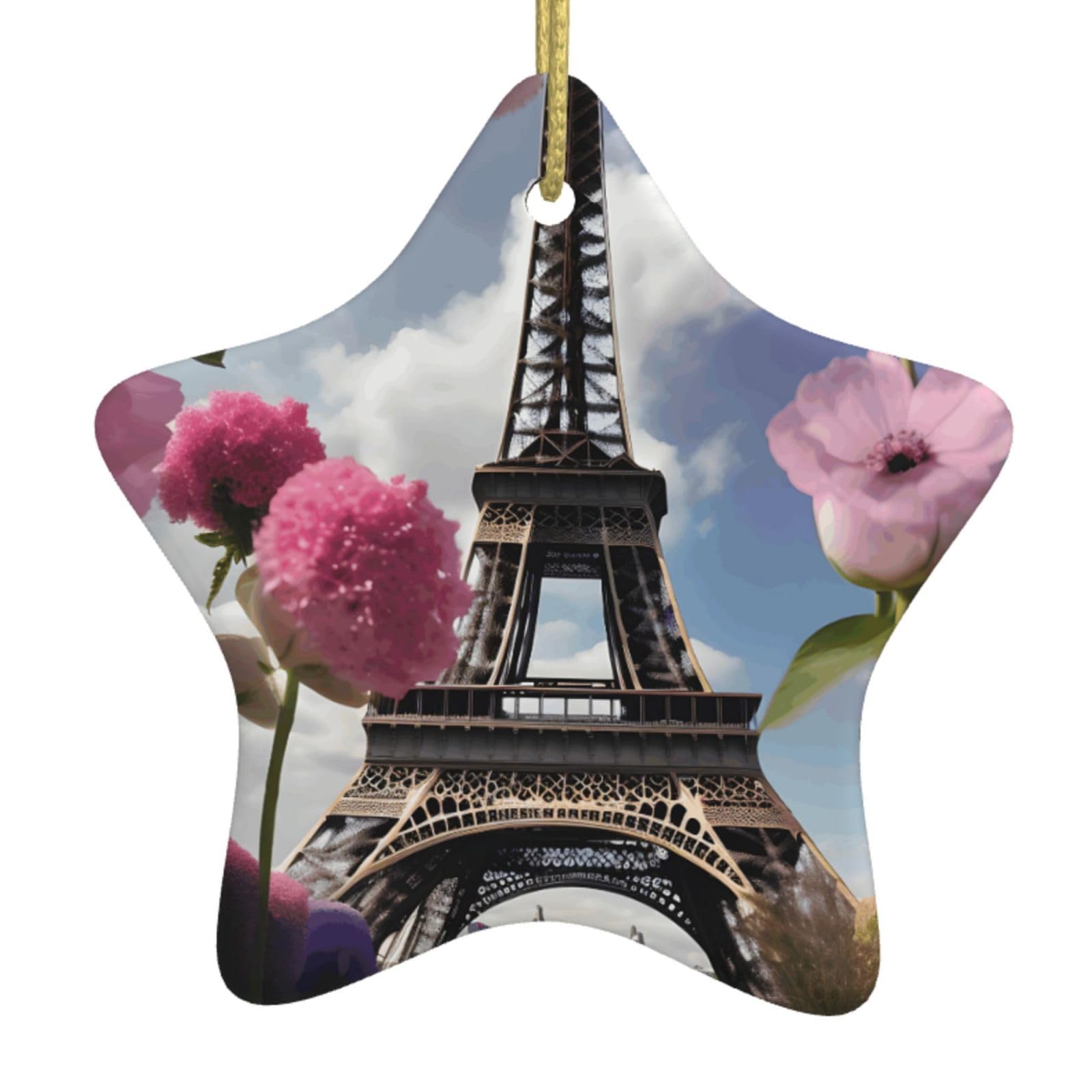 Nbtghga White Flower Paris Eiffel Towers Print Christmas Ornaments, Ceramic Hanging Ornament, Round Shape Decorations