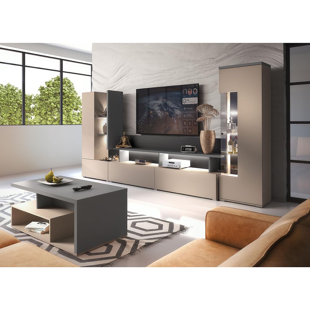 Wohnzimmer Set 3-teilig in beige mit anthrazit Wohnwand Couchtisch Vitrine