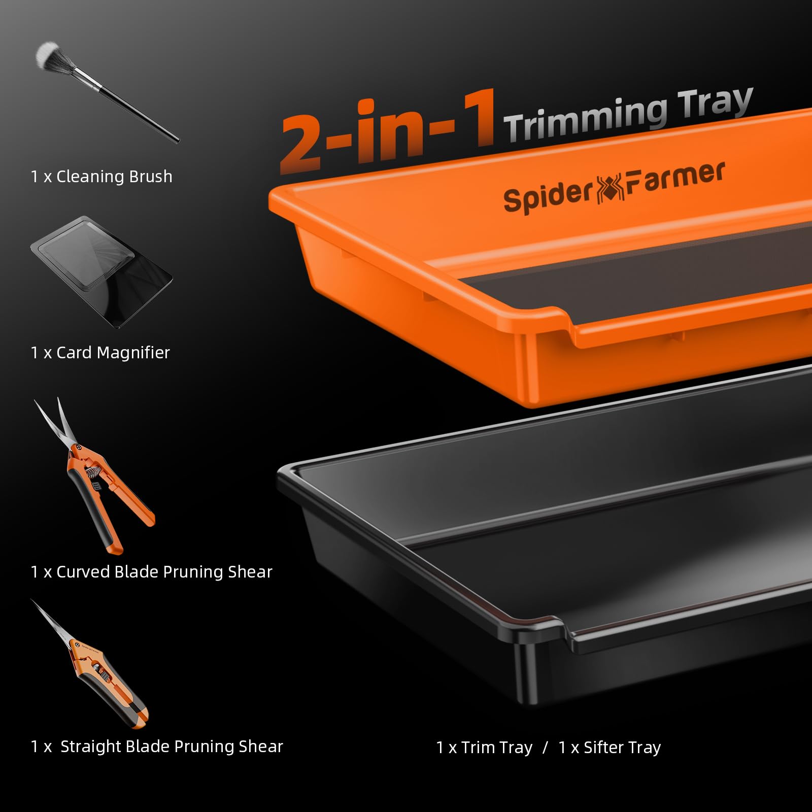 Spider Farmer Trim Tray Set mit 150 Mikron Pollensieb, Trimmschale & Ernte Zubehör, Dry Sift Sieb – Trimm-Set mit Auffangschale, Schere, Bürste & Lupe für sauberes und effizientes Trimmen