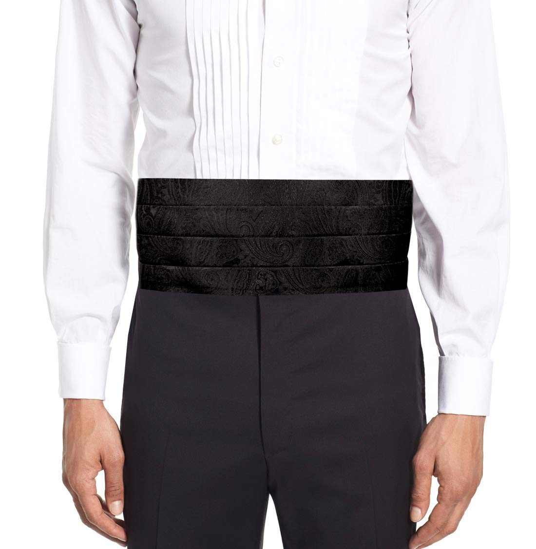 Remo Sartori Made in Italy Men's Black Paisley Cummerbund Tuxedo Belt, 4 Folded, Silk (Adjustable from 29