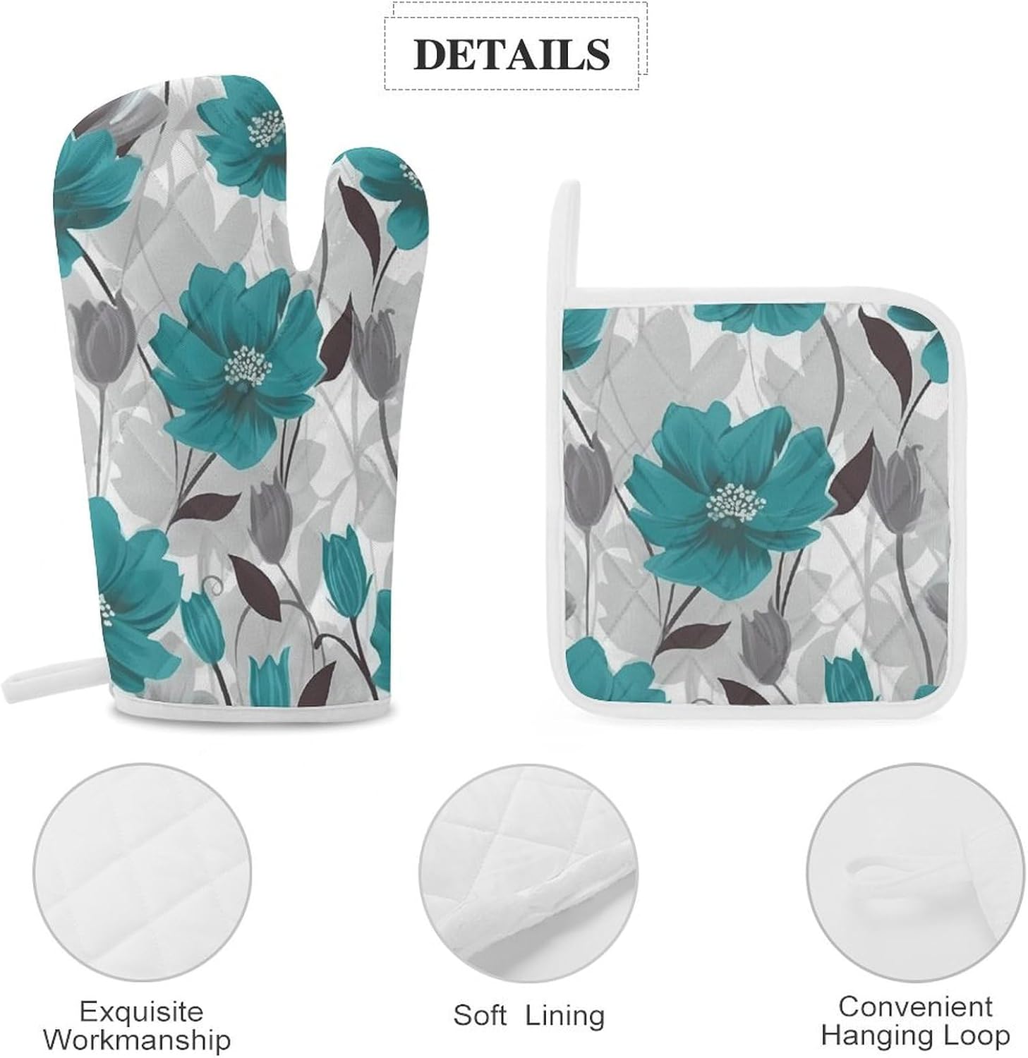 Oven Mitts Pot Holders Kitchen Teal Grey and White Floral Heat Resistant Oven Glove for Baking and Cooking