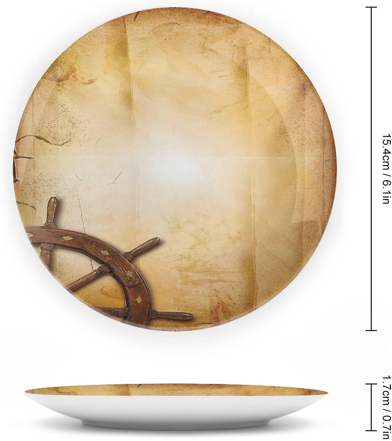 6 Inch Decorative Plate, Ships Wheel Ceramic Stoneware, Steering Wheel on Old Antique Paper Art Print Ornament Display Plate for Fine Dining,Upscale Events,Dinner Parties,Weddings,Catering Christmas
