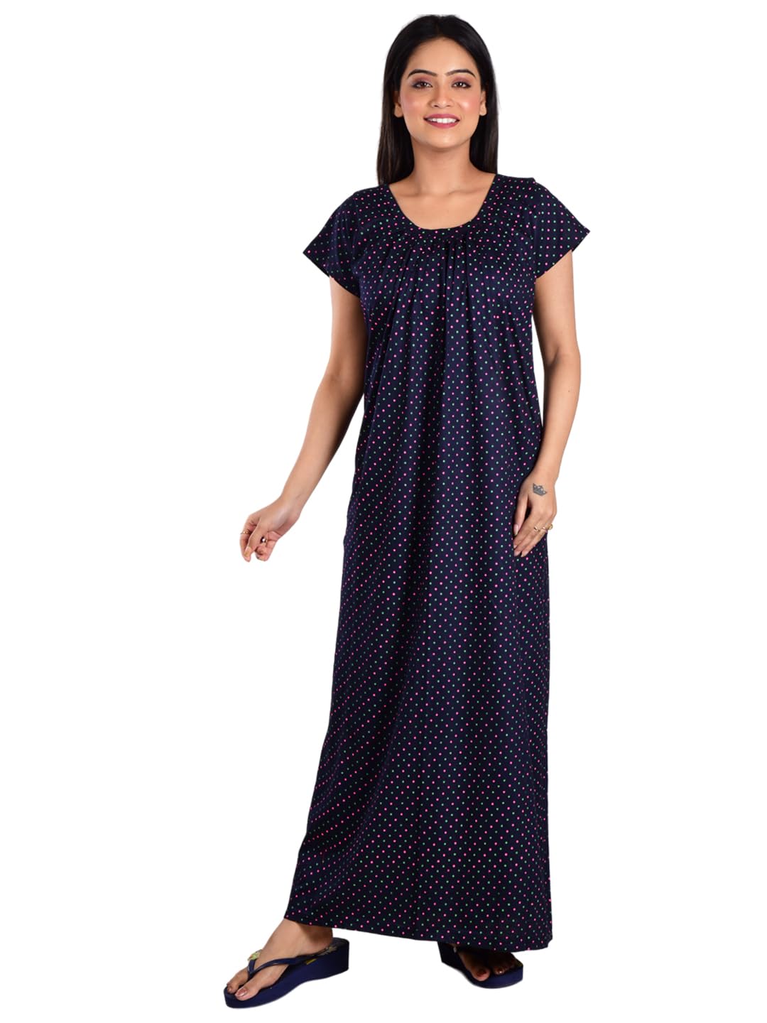 Piyali's Creation Hoisery Cotton Navy Blue Polka Dot Nighty-image-7