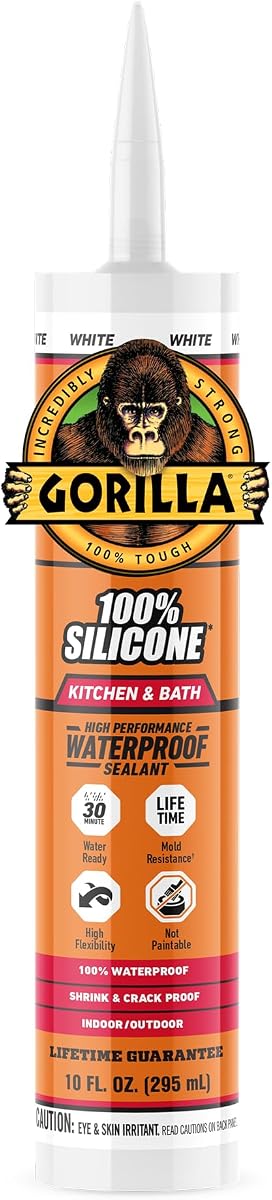 Gorilla 100% Silicone Caulk, Kitchen & Bath Sealant, White, 10 oz Cartridge | Mold & Mildew Resistant, 100% Waterproof Seal, 30-Minute Water-Ready, Flexible and Durable