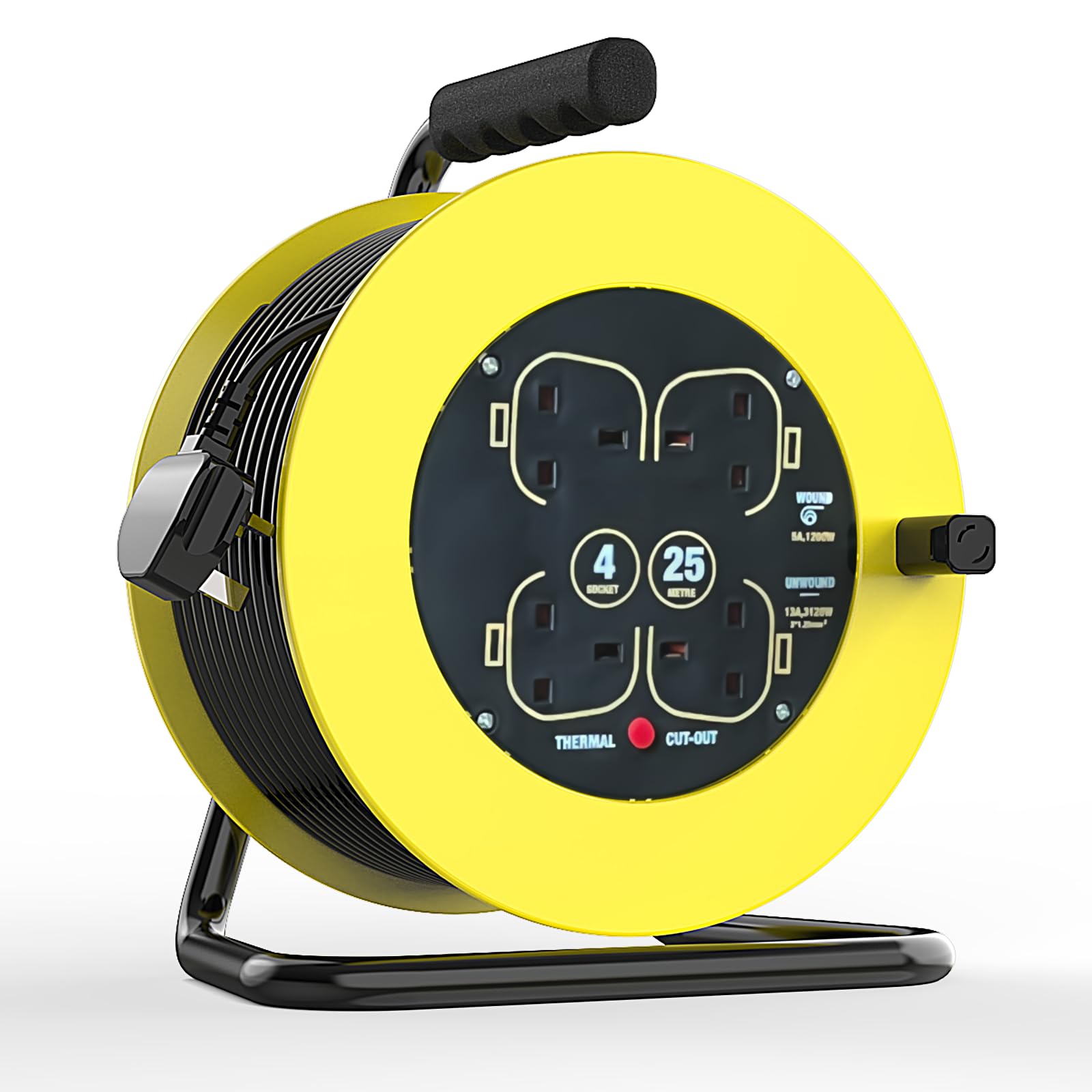 BUANKAD Outdoor Extension Lead, 25m, 4 Socket, Yellow, Retractable Reel, Heavy Duty, Thermal Cut Out, UK Plug — image 1