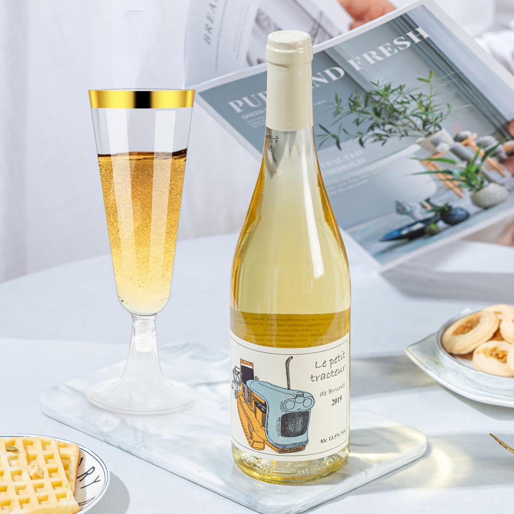 Copas de champán de plástico, 100 unidades, reutilizables, 150 ml, con bordes dorados para bodas, cumpleaños, picnics y fiestas
