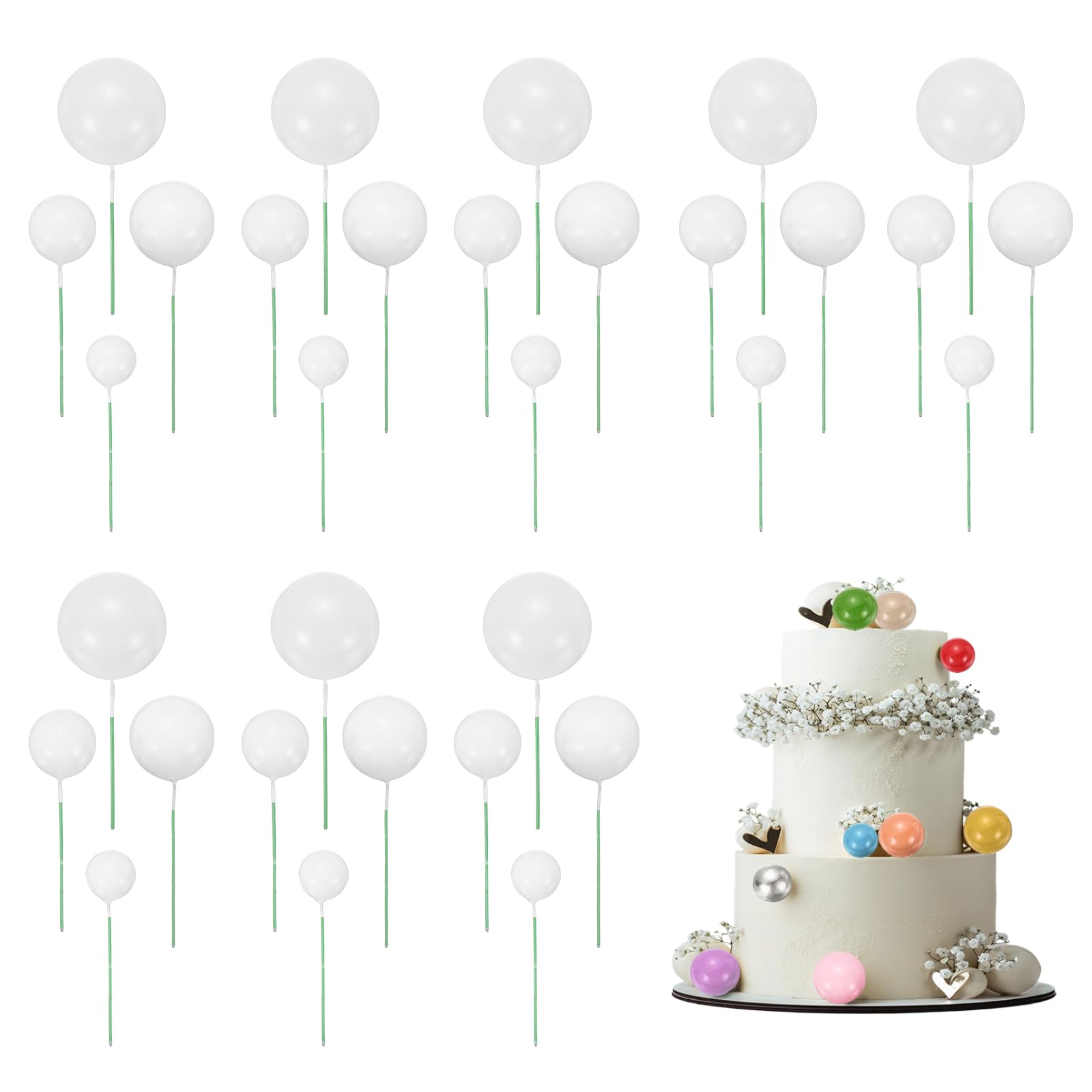 sourcing map 32Pcs Cake Toppers Foam Ball, Cupcake Insert Cake Toppers Cupcakes Decoration Balls for Theme Birthday Party Favors Wedding Halloween Christmas Supplies, White