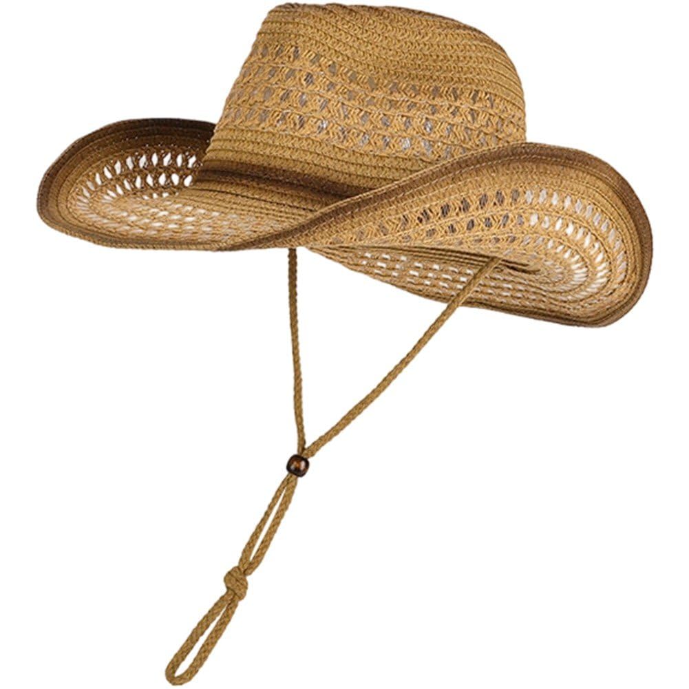 Sslvya Straw Cowboy Hat for Women Men Wide Brim Beach Sun Hat with Chin Strap Breathable Western Cowgirl Cap for Outdoor Travel