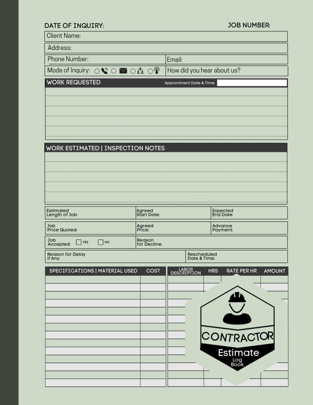 Contractor's Estimate Log Book: Job Estimate Quote Record Book and Client Contact Log For Taking Inspection Notes and Measurements