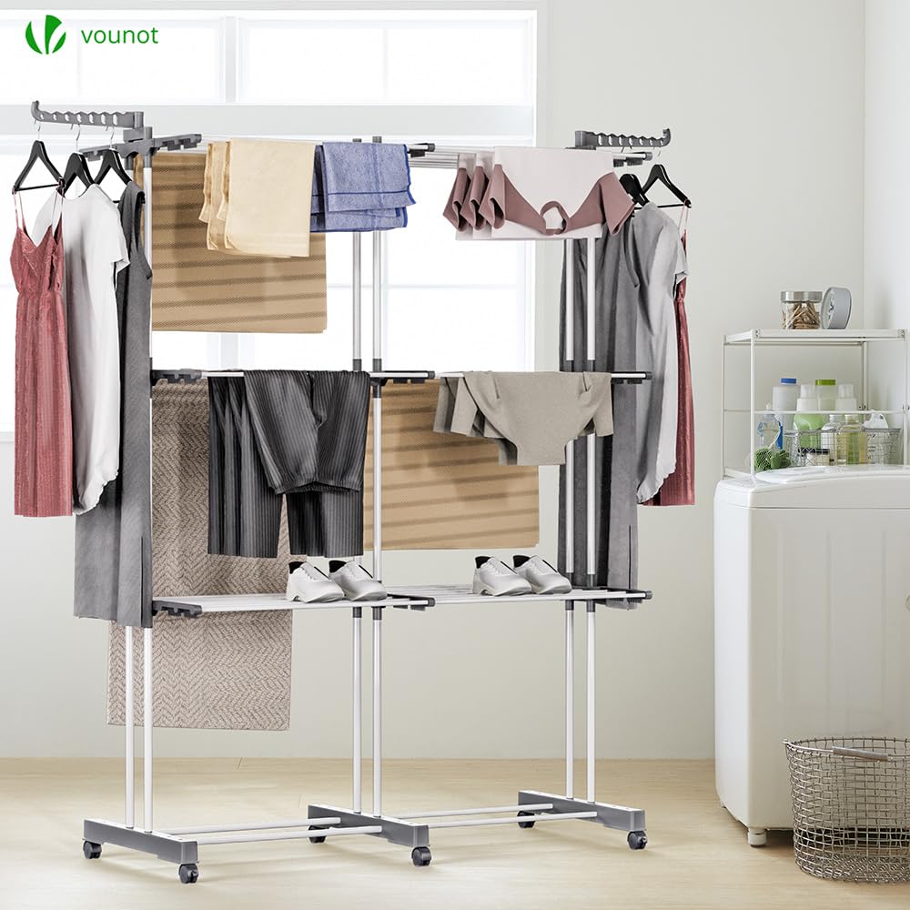 VOUNOT® 2 in 1 Stendino Verticale Salvaspazio Allungabile, 3 Livelli Stendibiancheria a Torre Pieghevole con Ruote, 12 Ali e 2 Bracci Estensibili per Interno ed Esterno, Bianco