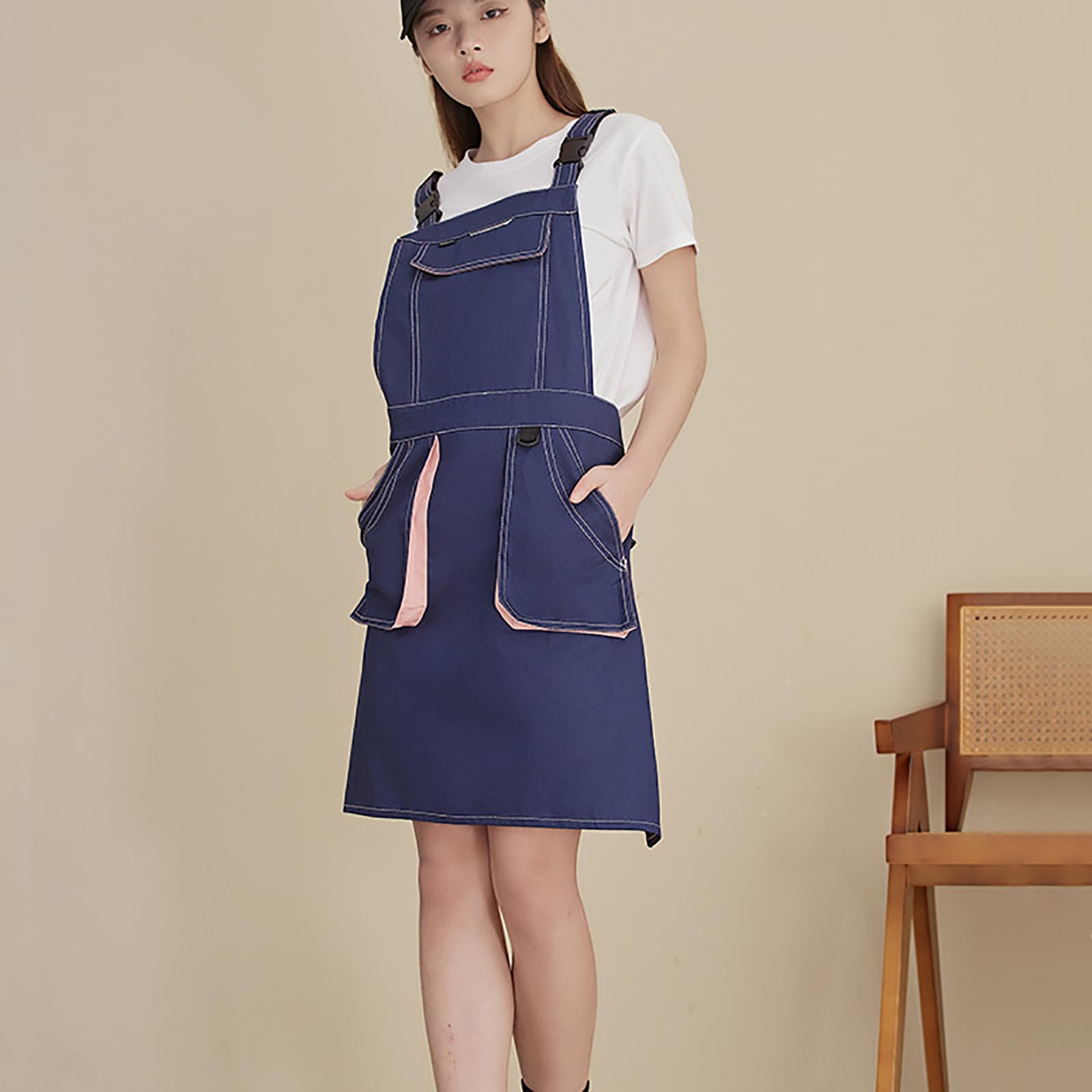 Delantales De Trabajo para Hombres Y Mujeres, Delantales De Algodón, Espalda Cruzada Ajustable con Bolsillos,One Size,Blue