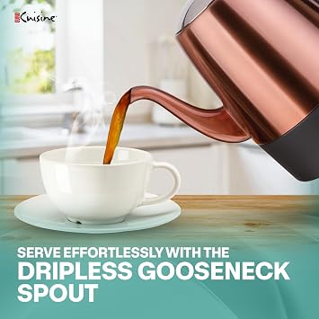 Euro Cuisine PER04 Stainless Steel Electric Coffee Percolator, 4 Cup, Polished Copper Finish, Dripless Gooseneck Spout, Clear Glass Knob, Brewing Indication, Keep-Warm Function, Detachable Cord