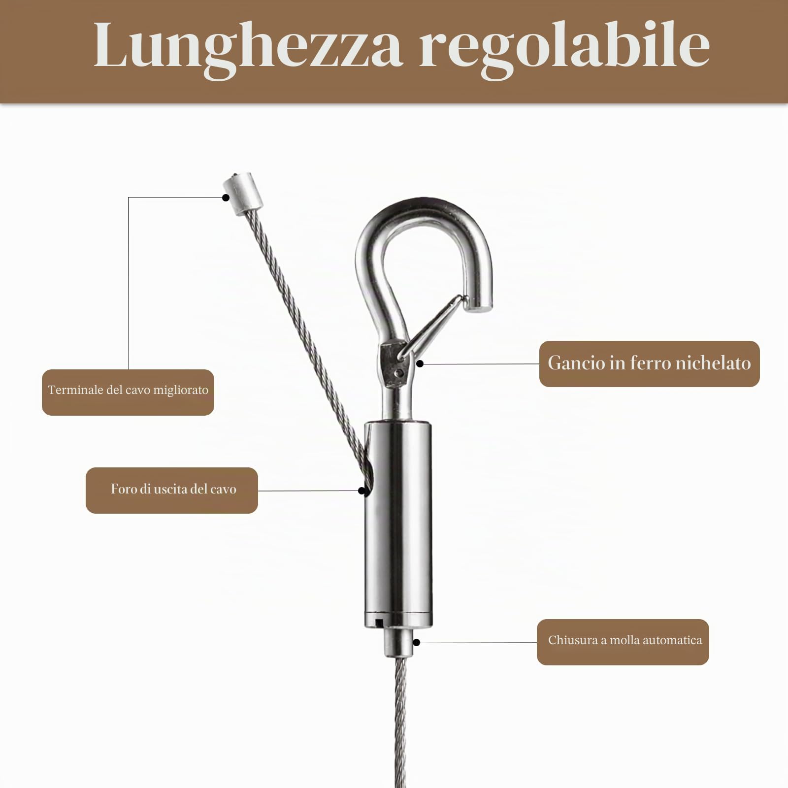 Kit Filo per Appendere Quadri, 2 Pezzi Cavo Regolabile 2m x 1mm, Ganci, Anelli a D, Viti, Corda Acciaio Inossidabile