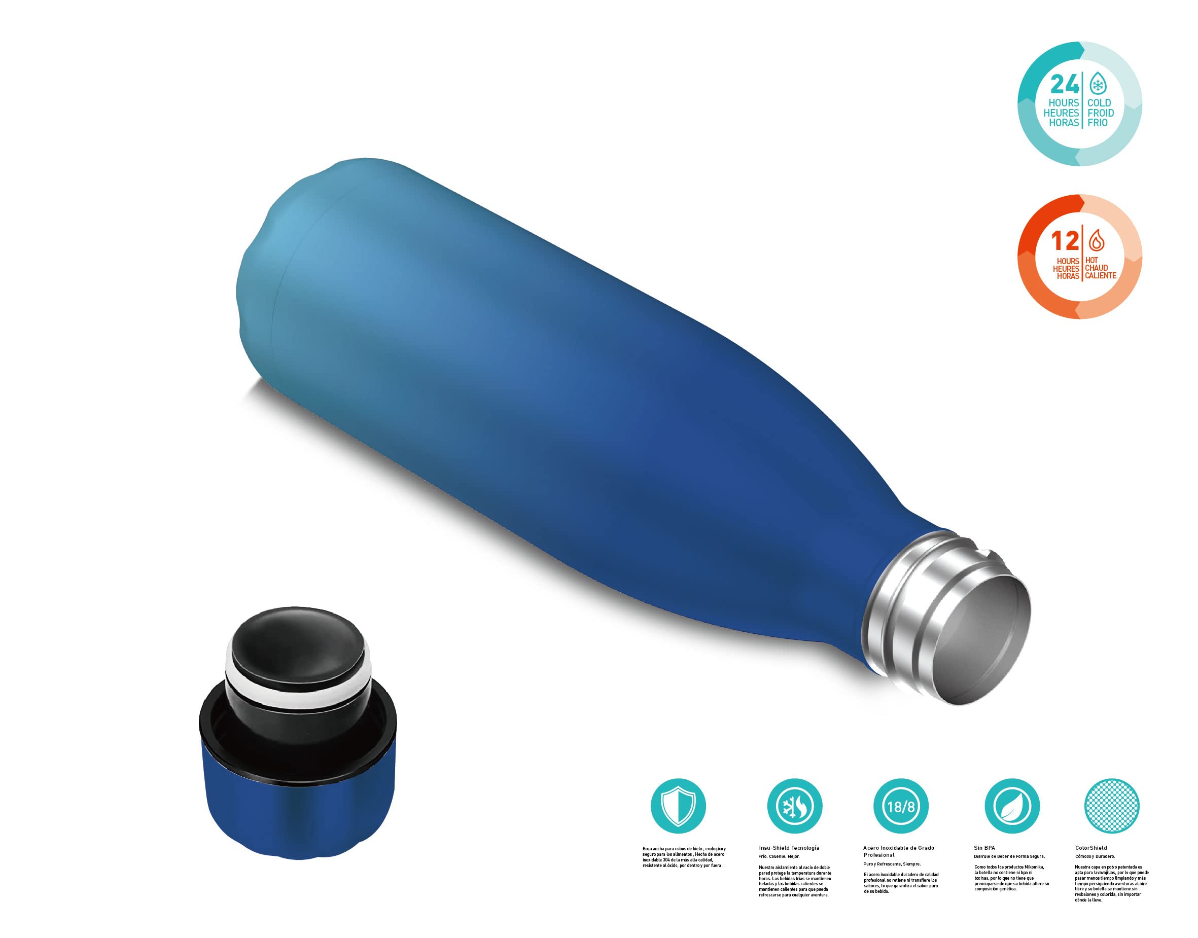 Mi Ko Mi Ka Botella de Agua Térmica de Acero Inoxidable Reutilizable | Sin BPA | Mantiene 24H Frio / 12H Calor | Hermética - Doble Pared a Prueba de Fugas (2 Azules, 750ml) — view 3