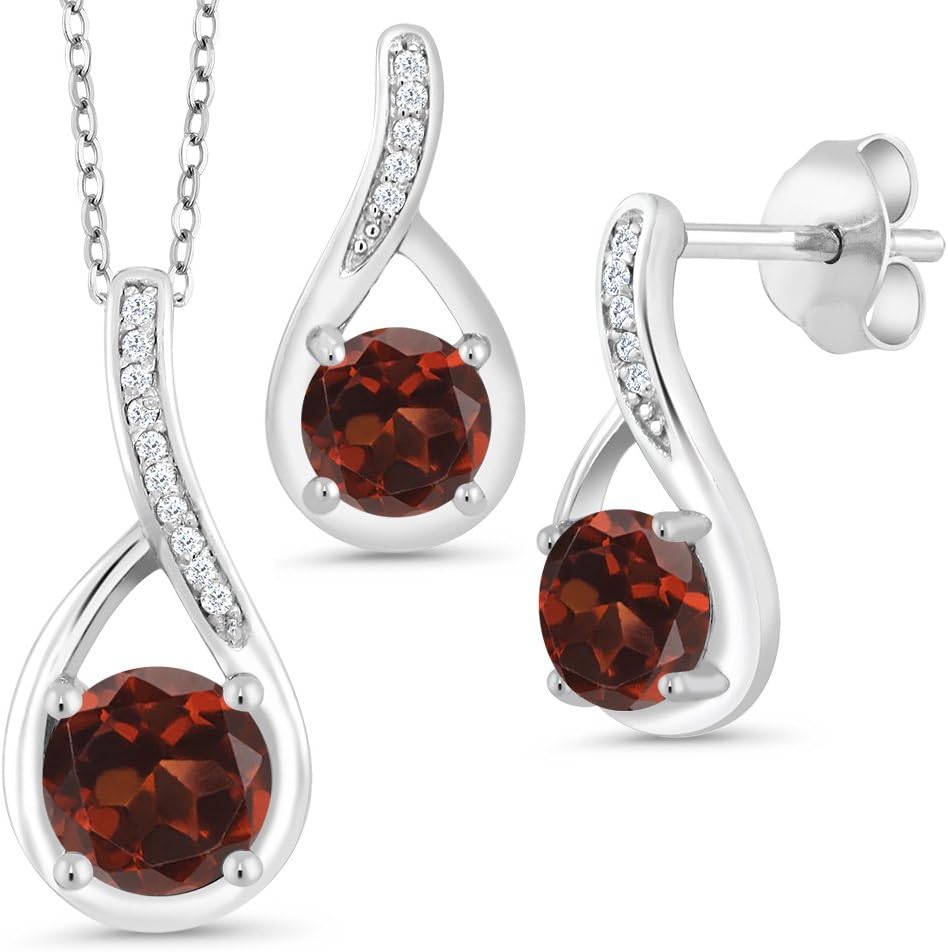 Gem Stone King Pendant and Earrings Jewelry Set for Women | 925 Sterling Silver | Gemstone Birthstone and White Diamond | Round 6MM and 5MM | With 18 Inch Chain