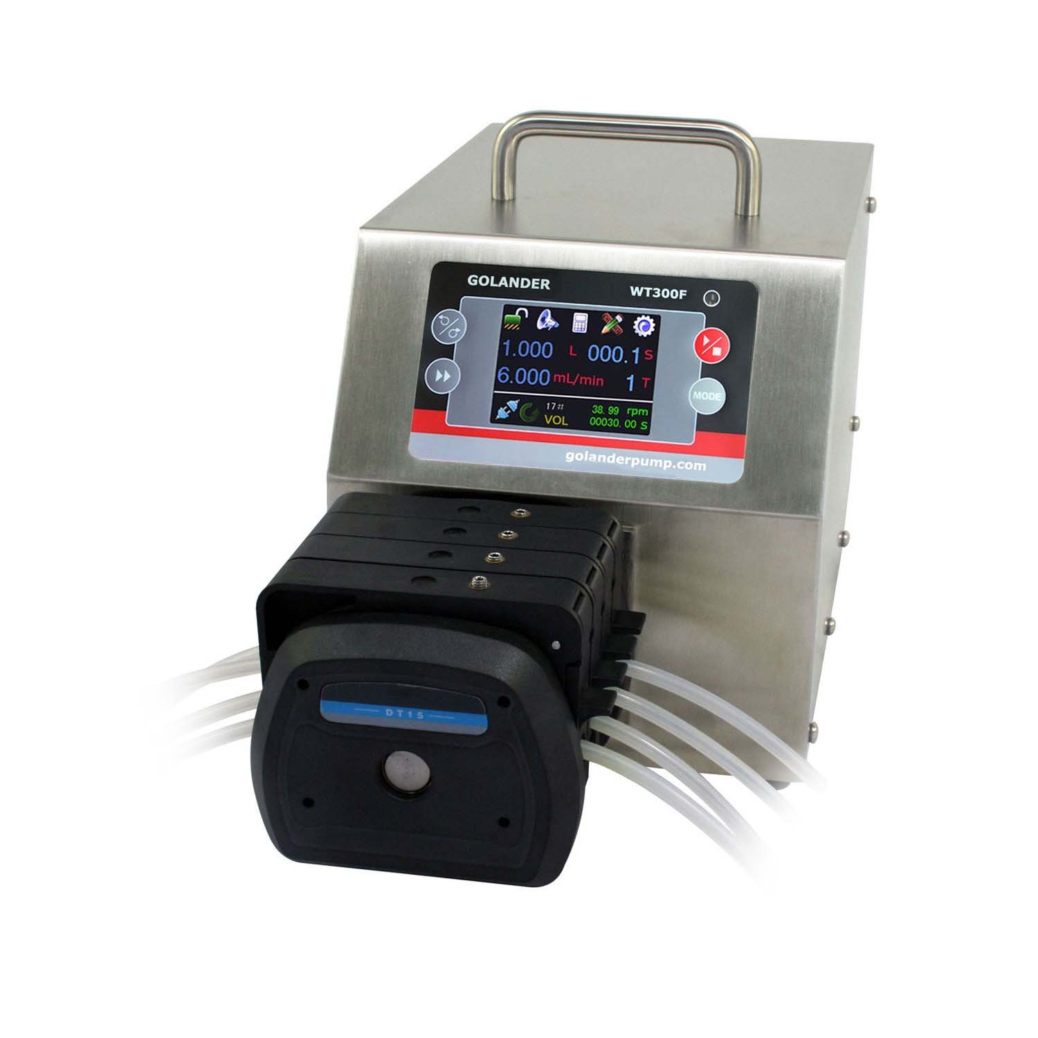 WT300F Intelligent Dispensing Peristaltic Pump with Pump Head DT15-44 (4 Rollers, 4 Channels), Flow Rate 0.05~610 mL/min per Channel