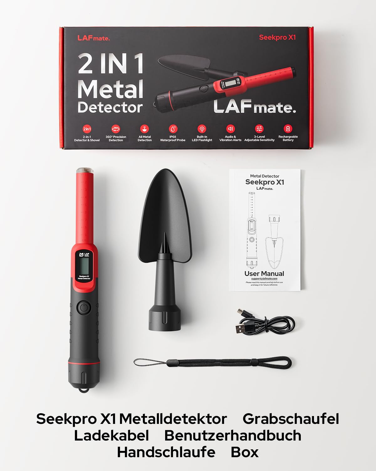 2-in-1 Pinpointer Metalldetektor mit Grabungsschaufel, Metallsuchgerät 360° Präzisionsortung, IP68 Wasserdicht, 3 Empfindlichkeitsstufen, Dualer Alarmmodus, für Erwachsene & Kinde Schatzsuche