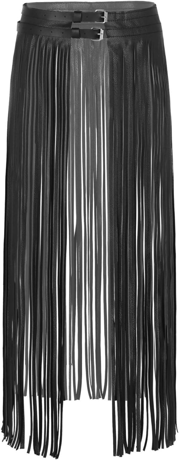 TTAO Long Fringe Tassel Skirt Belt Faux Leather Double Buckles Punk Waistband for Dance Party Costume