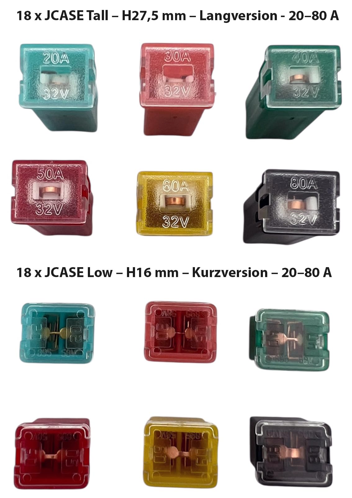Alkan JCase Blocksicherungen Sortiment 36-tlg. | 20A, 30A, 40A, 50A, 60A und 80A | Niedrigprofil (Low) & Hochprofil (Tall) | KFZ Sicherungen 12V-24V für Auto, LKW, Boot | in Aufbewahrungsbox
