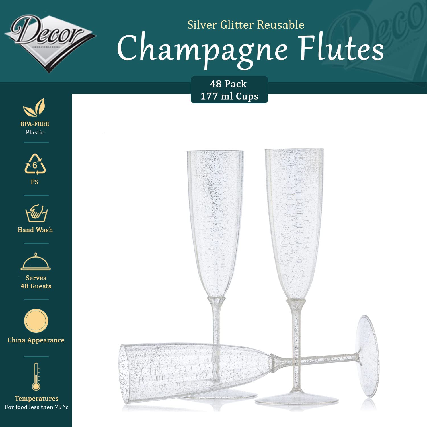 Decor Decorline - 48 x Flûtes à champagne en verre à pied en plastique Dur de Qualité Supérieure, Verres à Champagnes pour Mariages et Fêtes, 170 ml paillettes d'argent - Réutilisables et Stables…