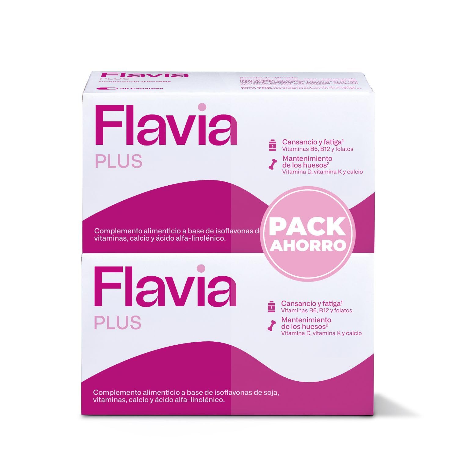 FLAVIA Plus Pack 2 x 30 Comprimidos - Alivia los Síntomas de la Menopausia, Bienestar de los Huesos, Disminuye el Cansancio, Complemento Alimenticio con Isoflavonas de Soja y Calcio