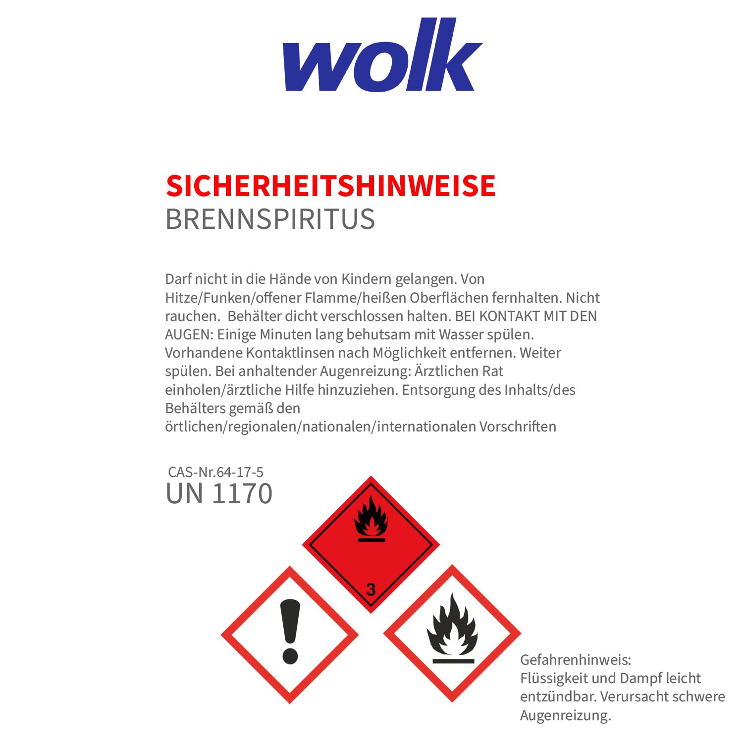 wolk Brennspiritus 6 x 1 Liter, Bioethanol 94%, Ethanol zum Reinigen | mit ca. 94 % vol. CAS-Nr. 64-17-5, UN1170. Für Haushalt, Freizeit, Auto, Handwerk und als Brennstoff.