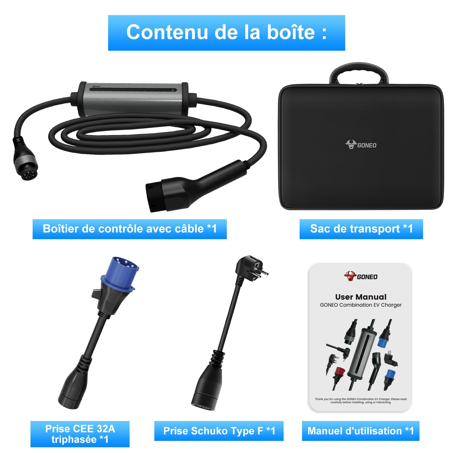 GONEO Colonnina Ricarica Auto Elettrica 7,4KW [ 7m Cavo|8-32A|2-8H IP66 Impermeabile] Stazione Carichino Auto elettrica Mobile con Spina CEE e Spina Schuko Caricatore Monofase Compatibile con EV/PHEV