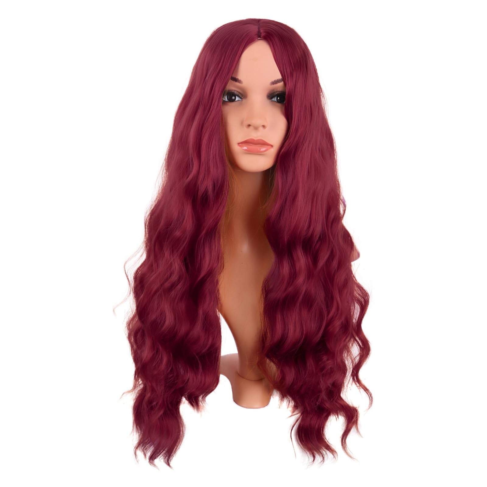 MapofBeauty 28 Inch/70 cm Long Wavy Middle Part with No Bangs Synthetic Fiber Curly Fashion Women Party Cosplay Wig (Blood Red)