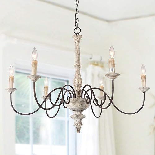 LALUZ Farmhouse Chandelier, French Country Chandelier for Dining Room, White Distressed Wood, 37” L x 28” H