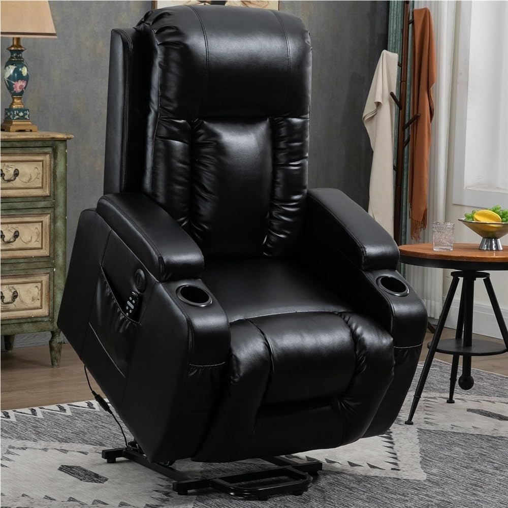 Power Lift Recliner Chair for Elderly with Massage and Lumbar Heating Heavy Duty Single Motor Mechanism USB Charging Port Cup Holders Premium Faux Leather Reclining Sofa