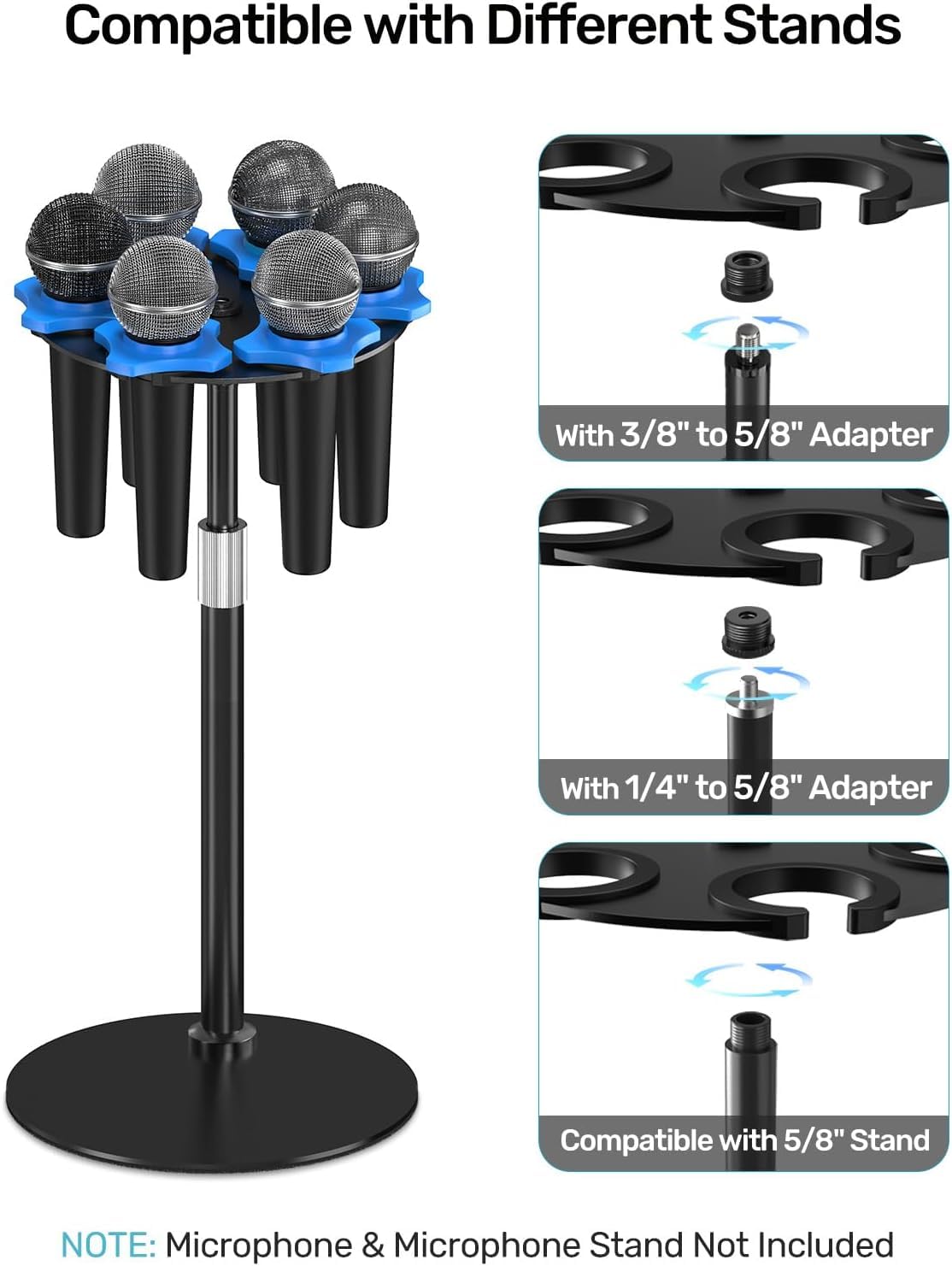 Etour 6-Slot Multi Microphone Holder for Mic Stand Alloy Base & Anti-Roll Rings, Compatible with 5/8" - Image 4