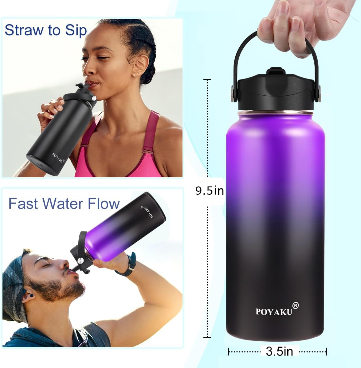 Water Bottle Insulated 32oz 40oz 64oz 128oz Straw Lid Spout Lid & 3 Lids, Leak Proof, Vacuum Insulated,Stainless Steel Water Bottle Wide Mouth for Sports, Gym or Office - Image 3
