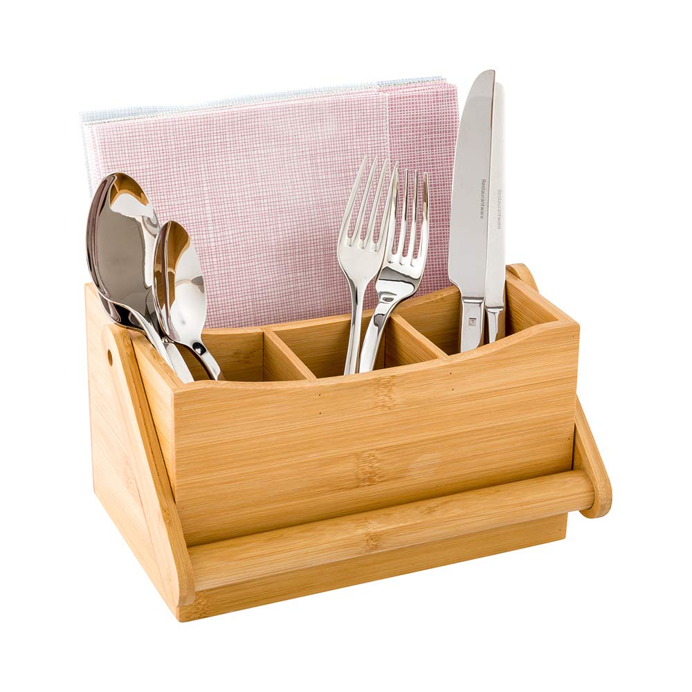 Restaurantware 8.25 x 5 x 9.25 In Silverware Caddy With Napkin Holder, 1 Durable Outdoor Utensil Holder - Built-In H&le, 4 Slots, Natural Bamboo Picnic Silverware Holder, For Knives, Forks, & Spoons