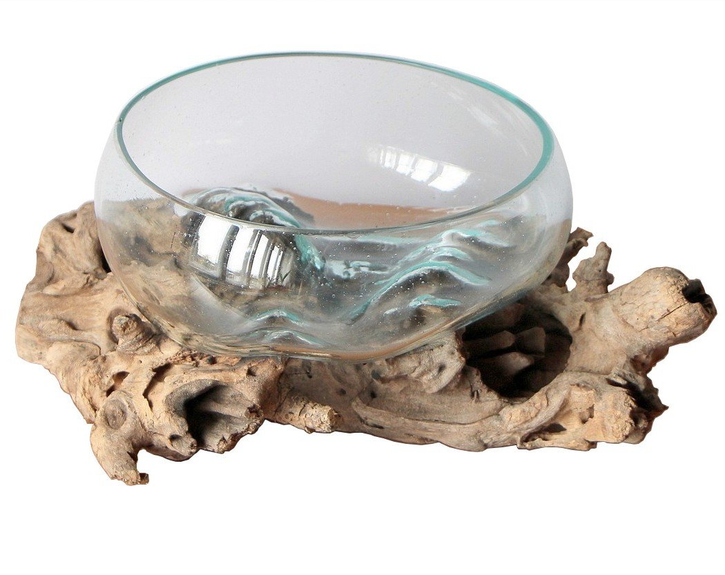 Glazen vaas op wortelhout, diameter 12 cm, hoogte 14 cm, van gerecycled
