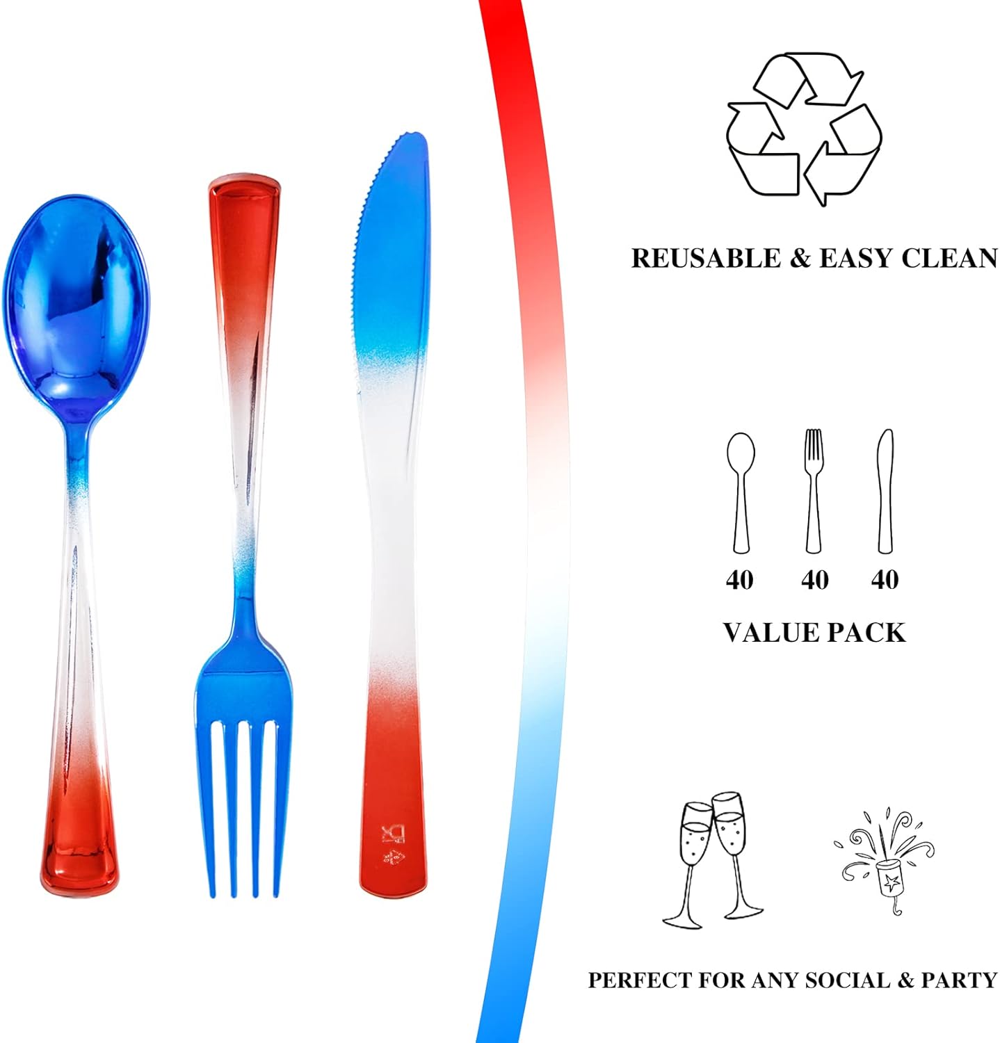 LIYH 120 Pcs Plastic Rainbow Silverware - 4th of July Red and Blue Plastic Cutlery, Colorful Fancy Party Utensils, Disposable Forks Suit for Party, Birthday Memorial Independence Day