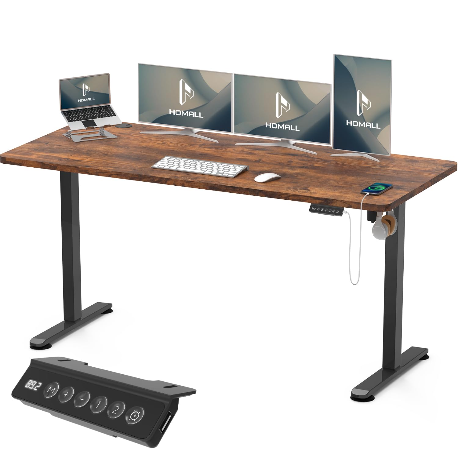 Homall 160X70 Cm Escritorio Elevable con Toma USB, Escritorio Elevable Eléctrico con Funciones De Sistema Anticolisión, Mesa De Escritorio con Soporte Eléctrico,Marrón