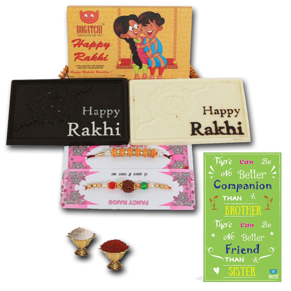 BOGATCHI Rakhi Gift Basket, Set of White and Dark Chocolate Happy Rakhi Bar ,Free Rakhi(2pcs) + Free Rakhi Greeting Card + Free Roli Chawal-picture-27