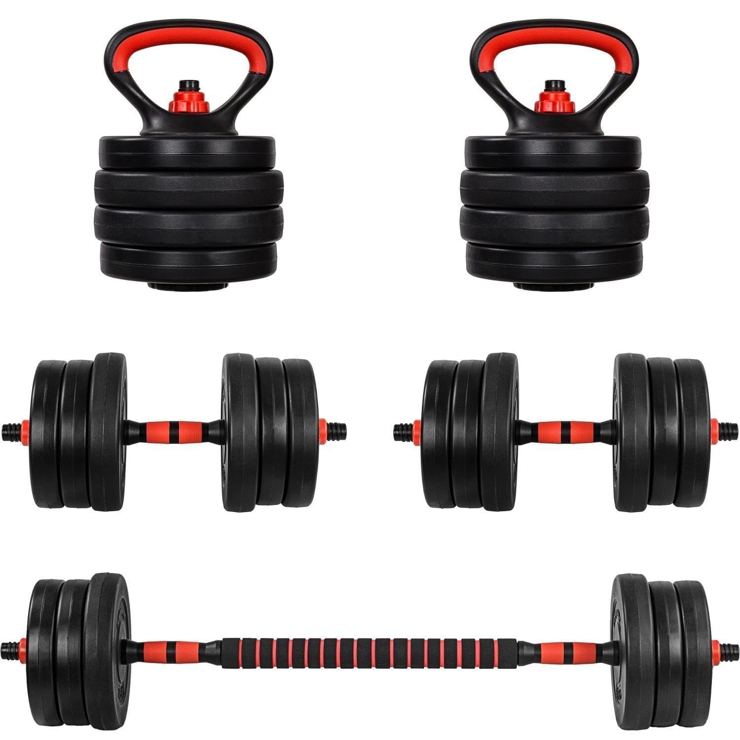 MOVIT Hanteln Set - 6in1, 20/30kg, XXL, Verstellbar, Kunststoff, Push Up Griffe, Schwarz und Rot/Orange - Dumbbell Set, Hantel Gewichte, Verstellbare Kurzhanteln, Kettlebell, Hantelset für Zuhause