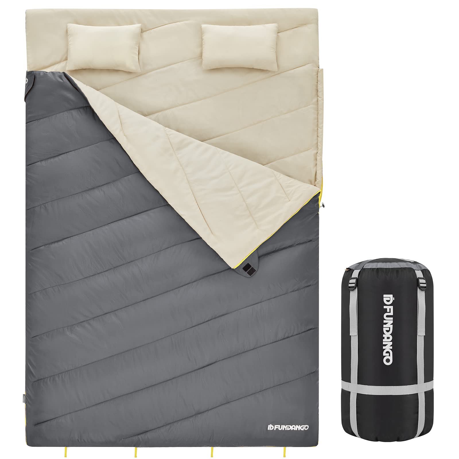 FUNDANGO 3-in-1 XL Queen Double 2 Person Sleeping Bag with 2 Pillows for Family, Couple, Adult, Oversize Lightweight Waterproof Warm Weather Sleeping Bag for Camping, Hiking, Backpacking, Blue