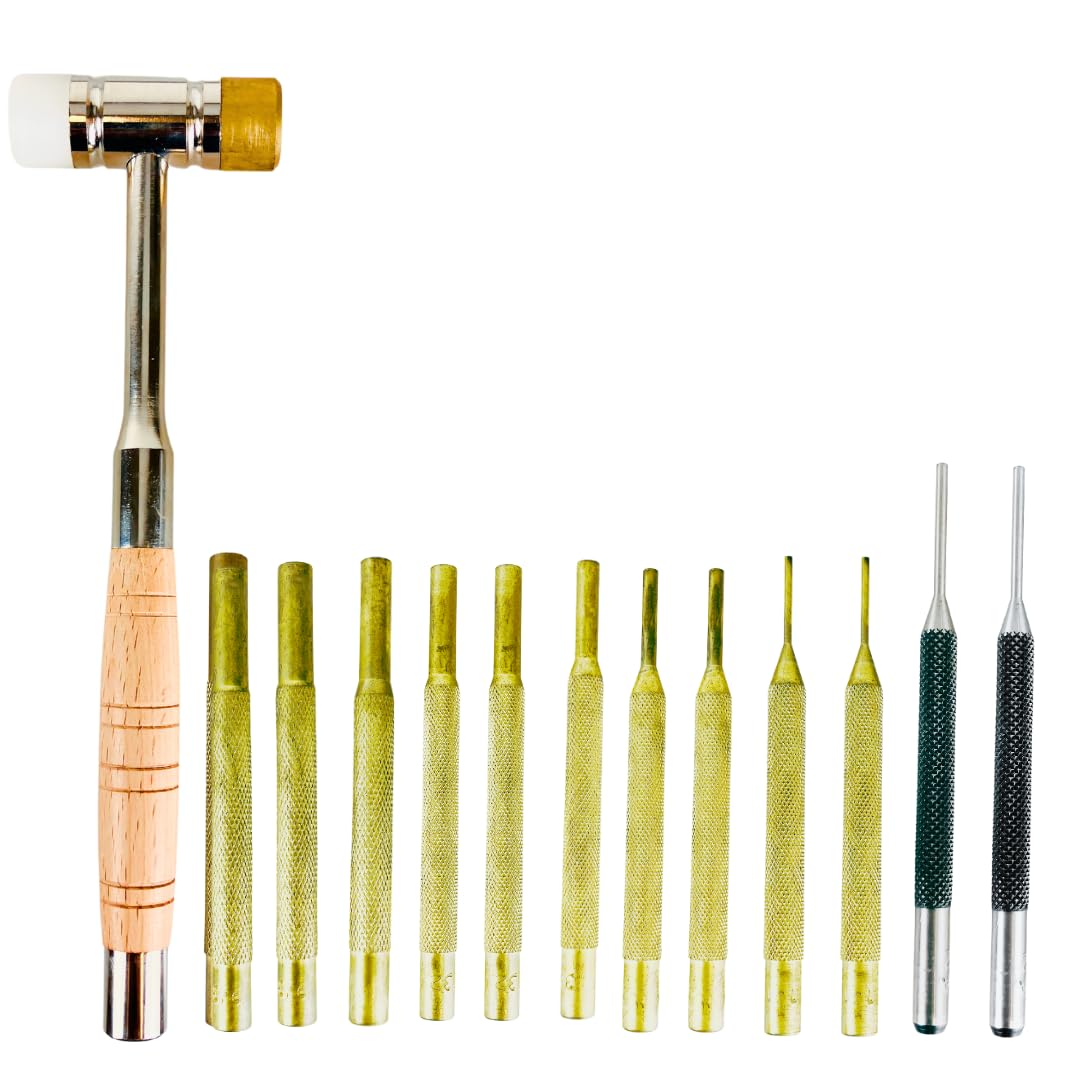 JEWEL TOOL 13 Piece Pin Punch and Drive Set with Brass and Nylon Head Hammer | Great for Jewelry Making, Metal Working