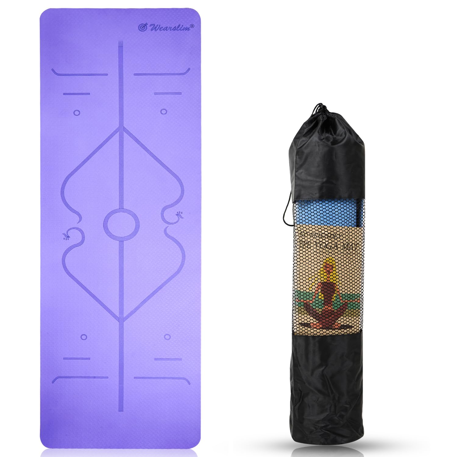 Wearslim Professional TPE Yoga Mat 72"x24"x 6mm With Body Alignment System, Warrior-like Grip, Non-Slip, Eco-friendly, Sweat-resistant Workout mat With Carrying Strap & Bag - Purple-image-29