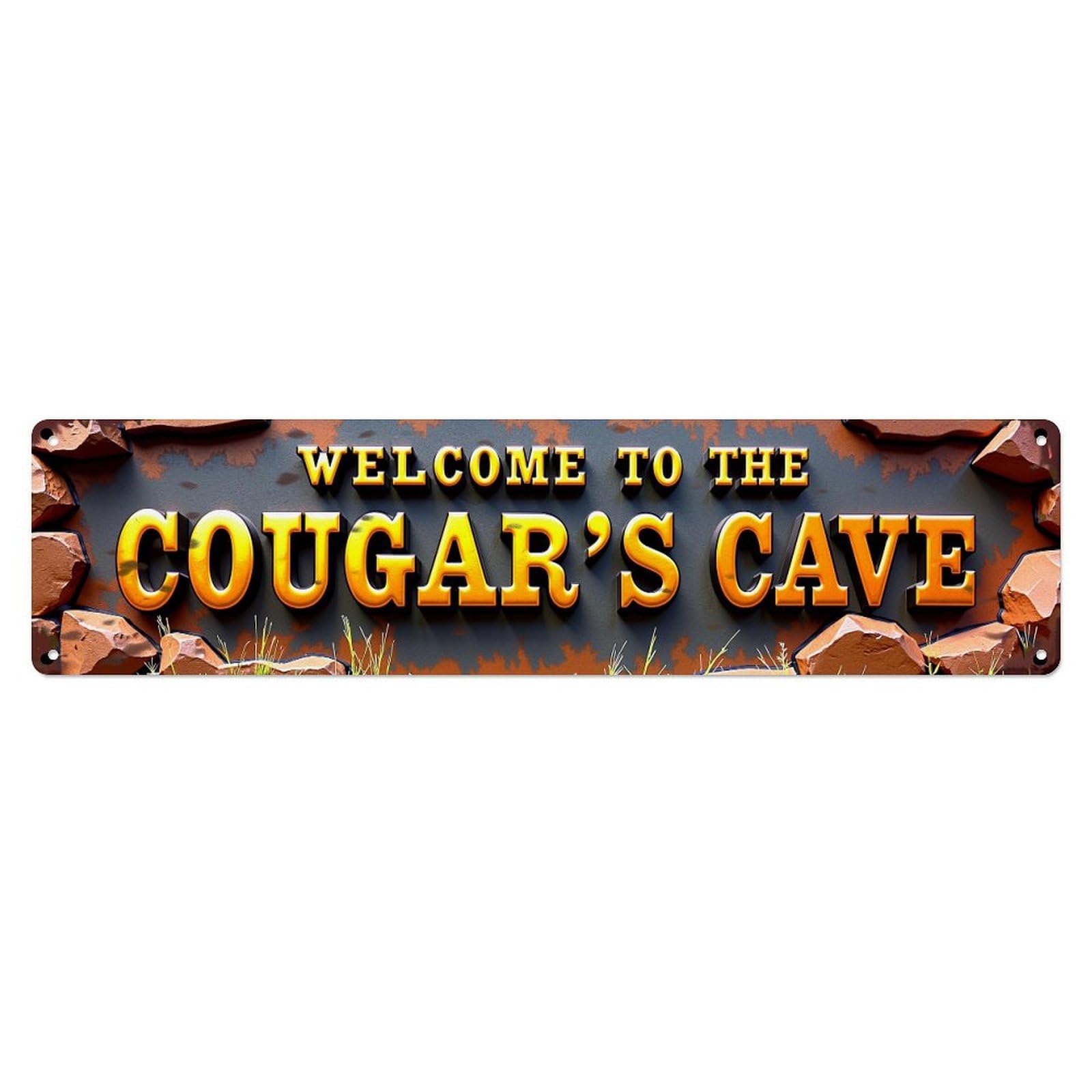 Welcome To The Cougar's Cave Vintage Tin Sign Retro Metal Wall Decor Metal Poster, Home Bar Garage Farmhouse Cafe Wall Art Decoration 4x16Inch