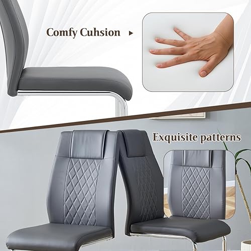 Miniatura 7 de Juego de 4 sillas de comedor, sillas de cocina grises con respaldo alto, sillas de cena de piel sintética impermeables con asiento tapizado, sillas