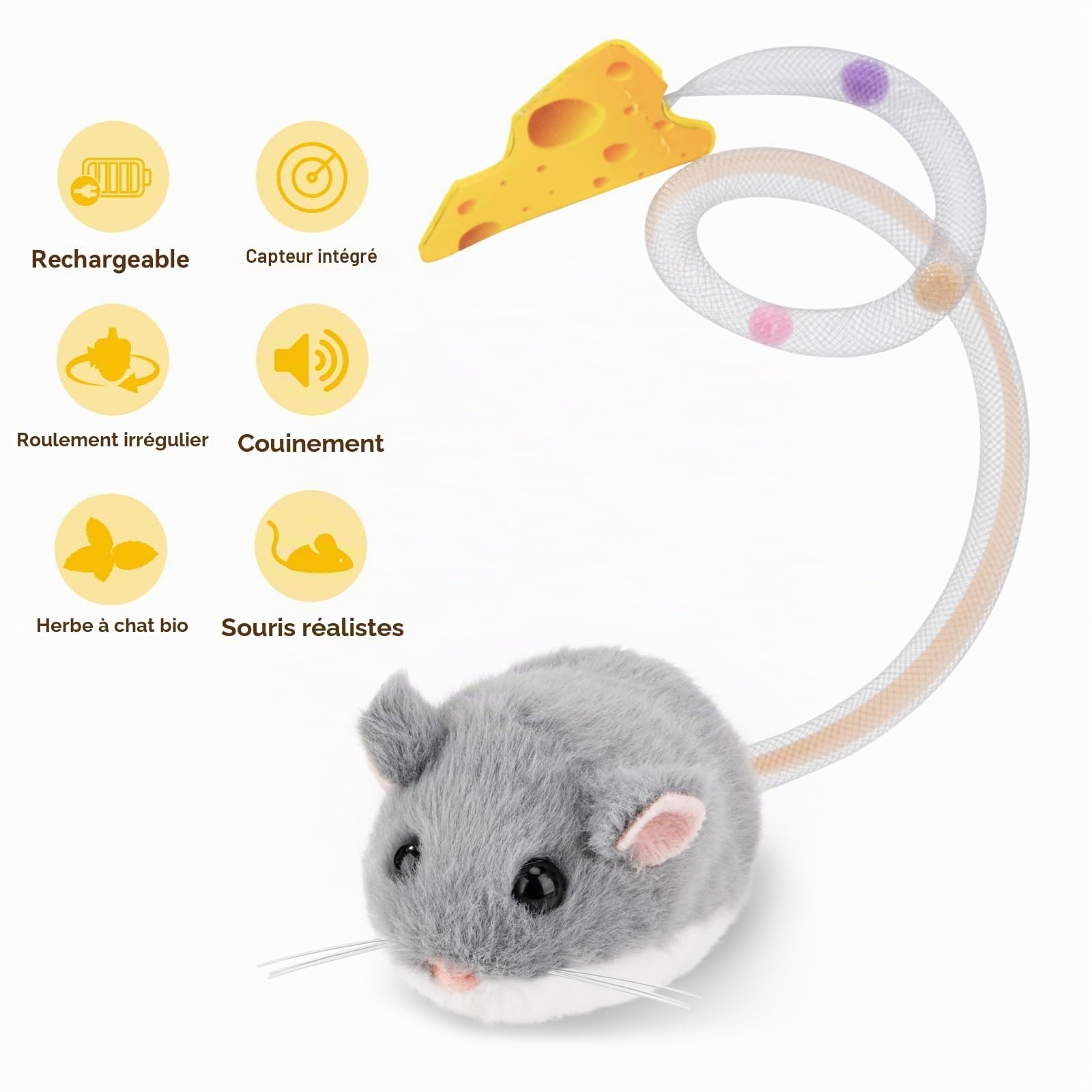 Migipaws Jouet interactif pour Chat, Souris électrique roulante avec Queue Qui remue, capteur Intelligent, couinement, Jouet pour Chat avec Herbe à Chat, Rechargeable