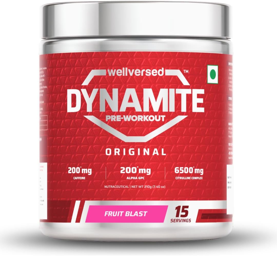 Dynamite Original Pre Workout For Men (15 Servings, Fruit Blast) For Focus & Energy Boost With 6500mg Citrulline Complex | Preworkout Supplements For Men - 210g
