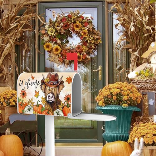 Image of Welcome Fall Highland Cow Mailbox Cover Magnetic Standard Size