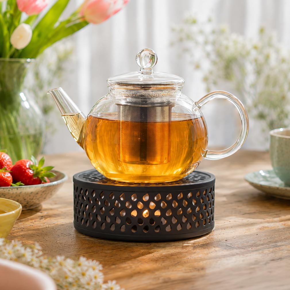 Creano Teekanne Glas 1,2 l mit Stövchen und Edelstahl-Filter für losen Tee