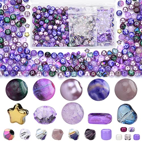 Image of Assorted Beads Bracelet Making Supplies, Lavender Violet Beads-900pcs: Glass Round, Star, Heart, Rondelle, Bicone, Seed for Jewelry Making